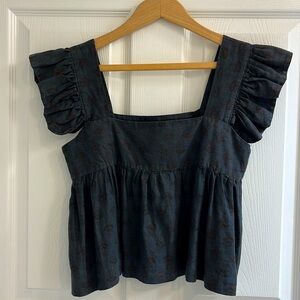 Vintage Auntie Otis, Hand Blocked Printed Crop Ruffle, Black